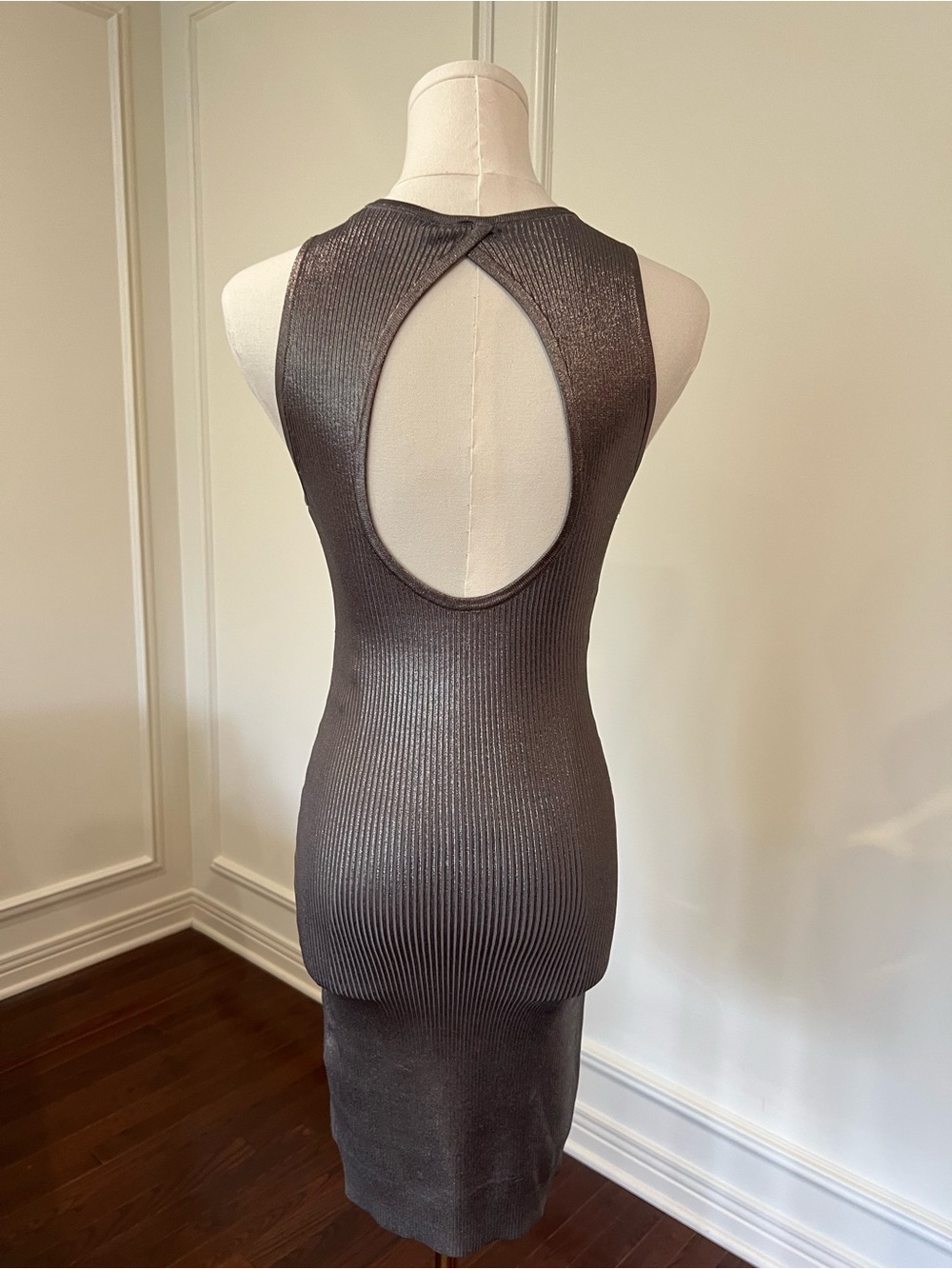 bebe Metallic Gunmetal Ribbed Bodycon Dress Cutout Back Y2K Sz XS
